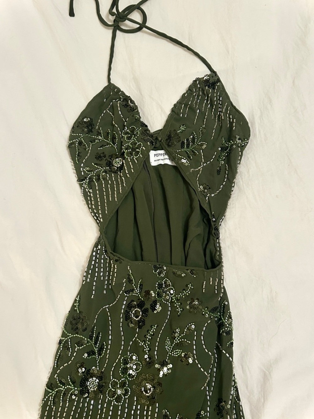 Olive Green Beaded Halter Evening Dress - Picture 5 of 5